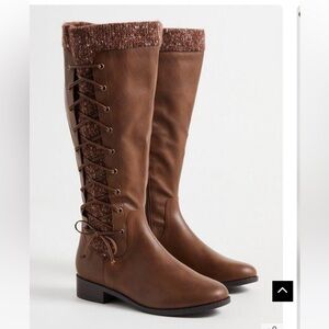 Torrid EUC Brown criss cross sweater knee high boots 10 Wide Calf